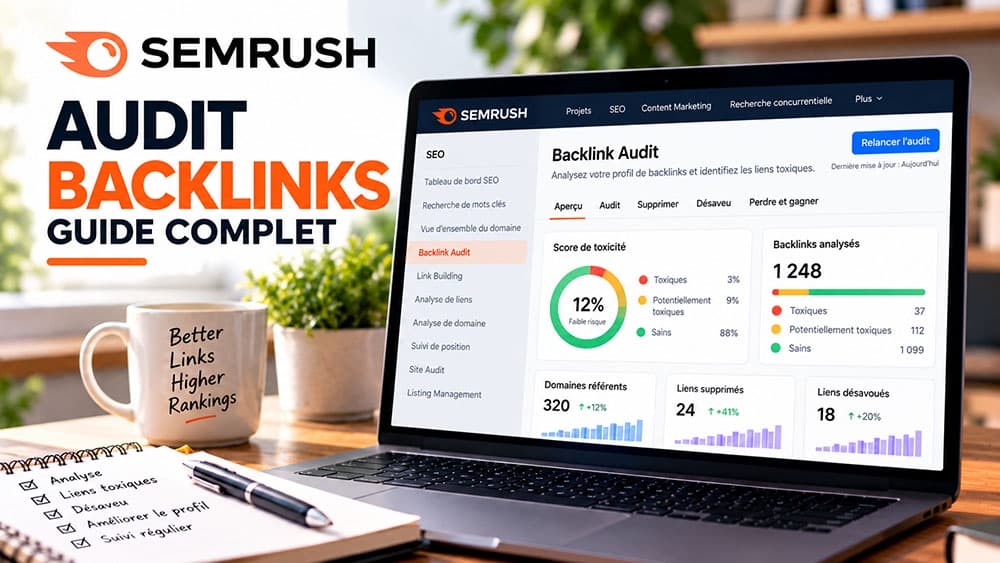 Illustration du guide Semrush Backlink Audit : examen des backlinks, domaines référents et risques de toxicité ; chiffres et scores affichés fictifs, interface non contractuelle