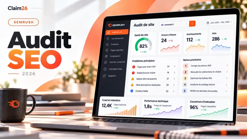 Audit SEO Semrush représenté par un diagnostic technique avec erreurs et priorités