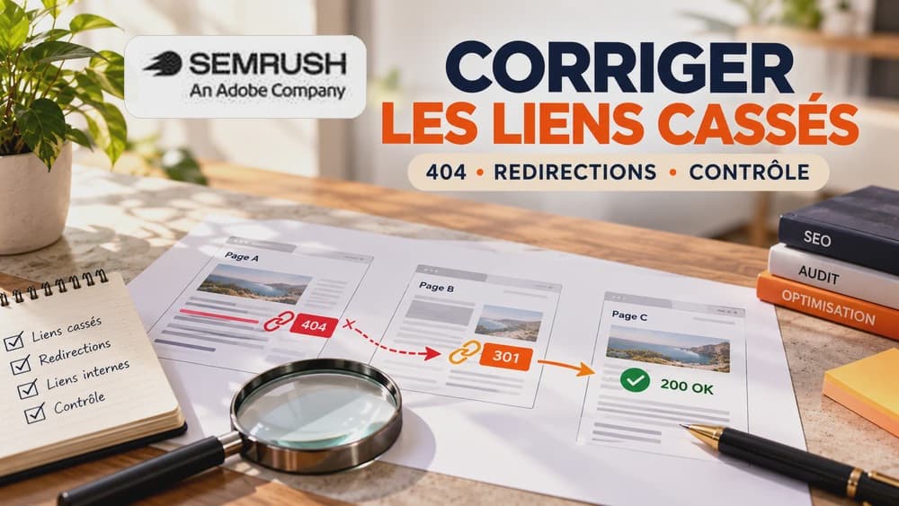 Corriger les liens cassés avec Semrush : illustration des erreurs 404, redirections 301 et contrôle du statut 200