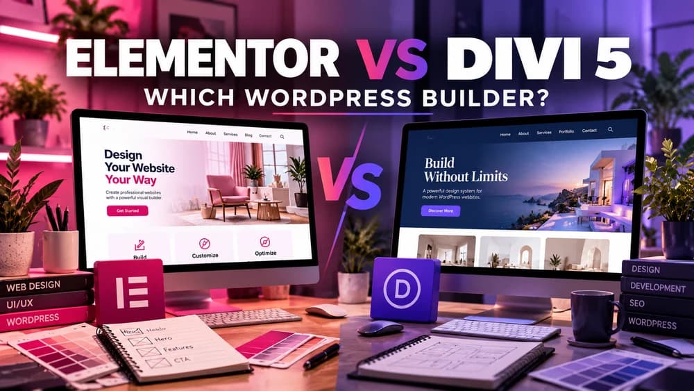 Elementor vs Divi 5 WordPress builder comparison: two website design workstations in pink and purple with example homepage layouts