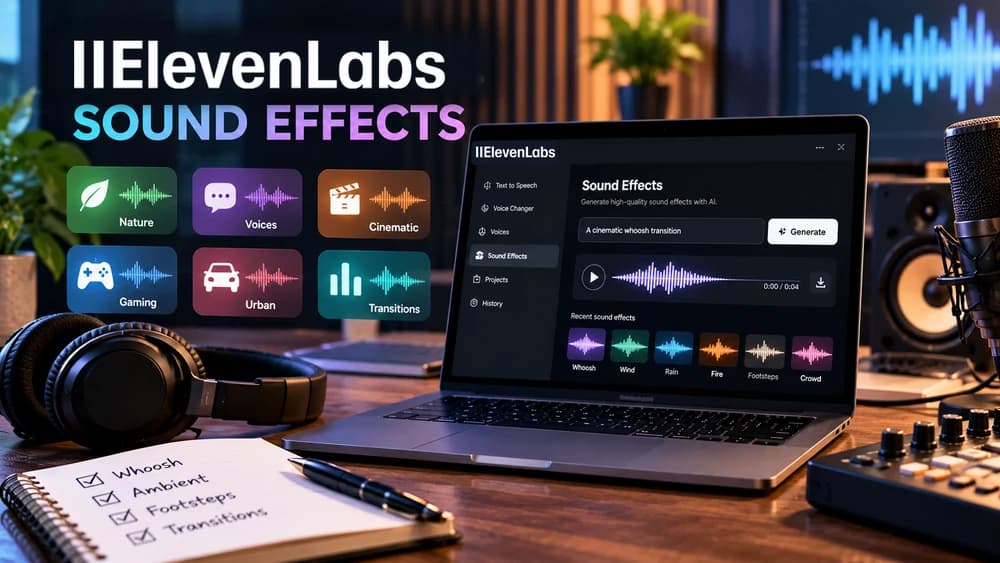 ElevenLabs Sound Effects illustrated in an audio production studio, with prompt-based effects, waveforms and sound categories.