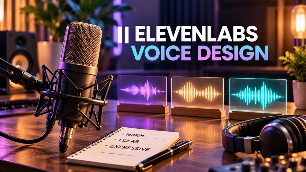 ElevenLabs Voice Design editorial studio cover with a microphone, written voice brief and three colorful voice preview waveforms.