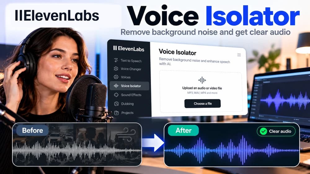 ElevenLabs Voice Isolator tutorial: podcast microphone and illustrative before-and-after audio waveforms showing speech with less background noise.