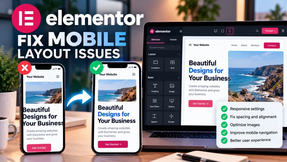 Elementor mobile layout fix: before-and-after smartphone website previews and responsive editor illustrating corrected spacing, text and alignment.