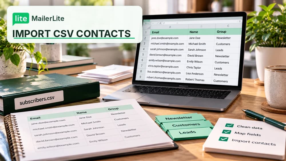 MailerLite CSV contact import: realistic workspace with a subscriber spreadsheet, groups and import checklist.