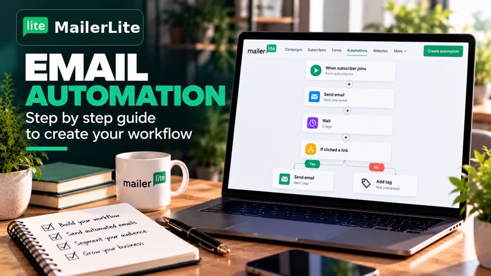 MailerLite welcome email automation illustrated with a subscriber trigger, welcome email, two-day delay and follow-up branches in a workspace