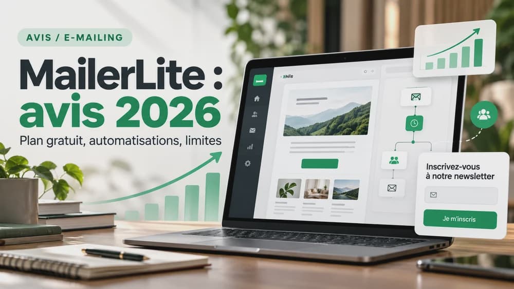 Couverture éditoriale MailerLite présentant e-mailing, automatisations et croissance de liste