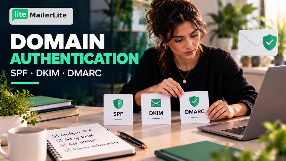 MailerLite domain authentication explained with SPF, DKIM and DMARC verification cards beside an email security checklist.