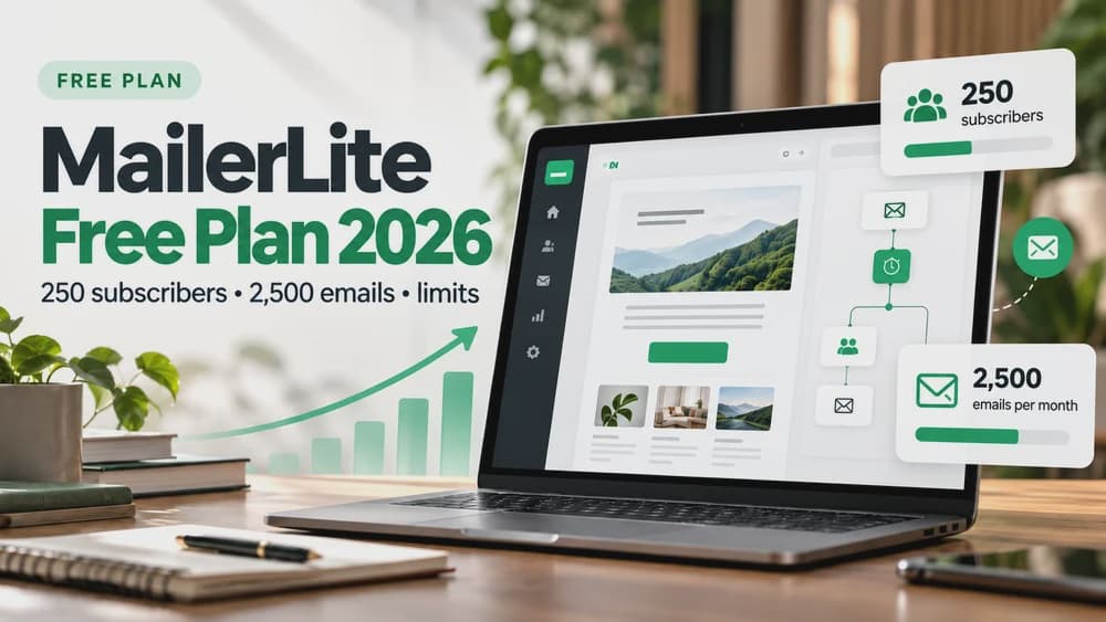 MailerLite free-plan editorial cover illustrating subscriber, sending and automation limits