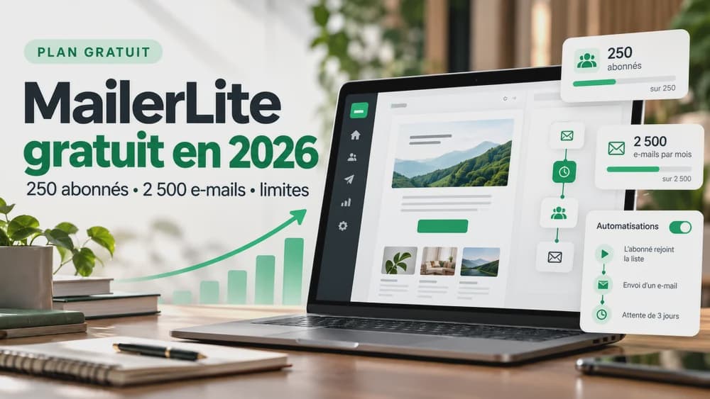 Couverture MailerLite illustrant un plan gratuit limité en abonnés, envois et automatisations