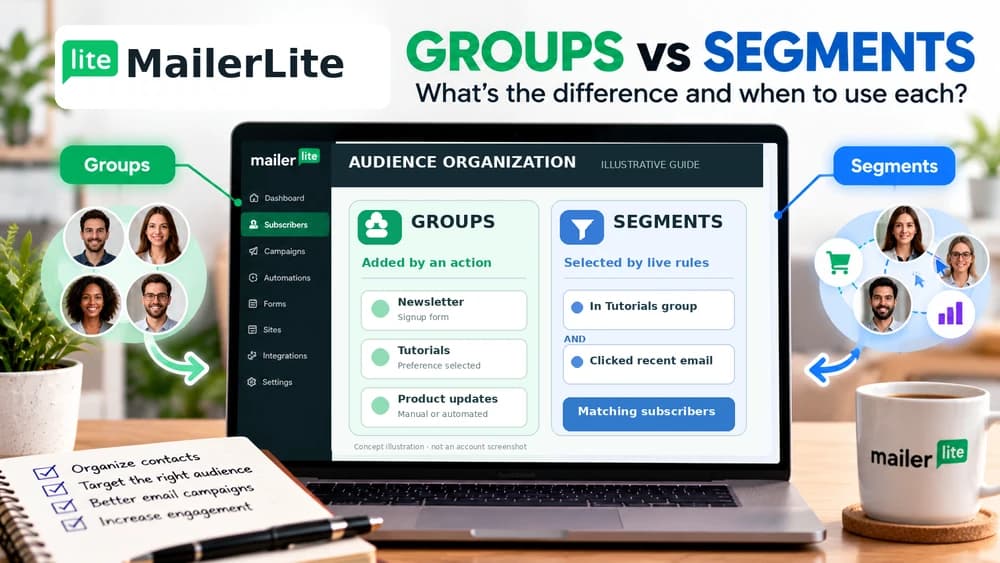 MailerLite Groups vs Segments explained: manually assigned subscriber groups versus automatically updated rule-based segments.