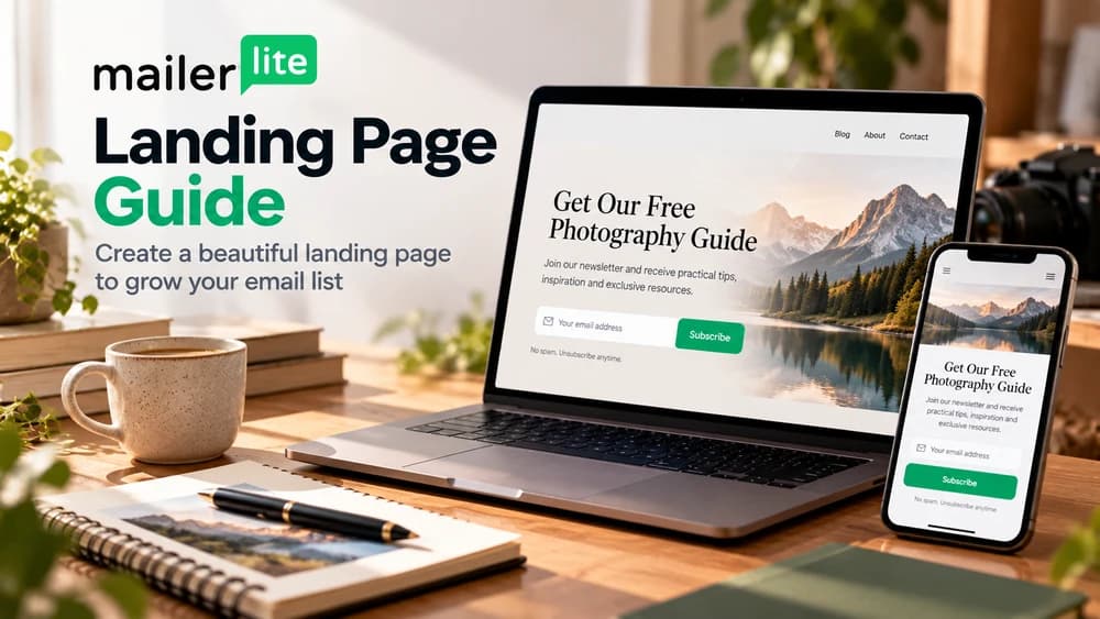 MailerLite landing page guide with a newsletter signup form shown on desktop and mobile, illustrated in a photography workspace.