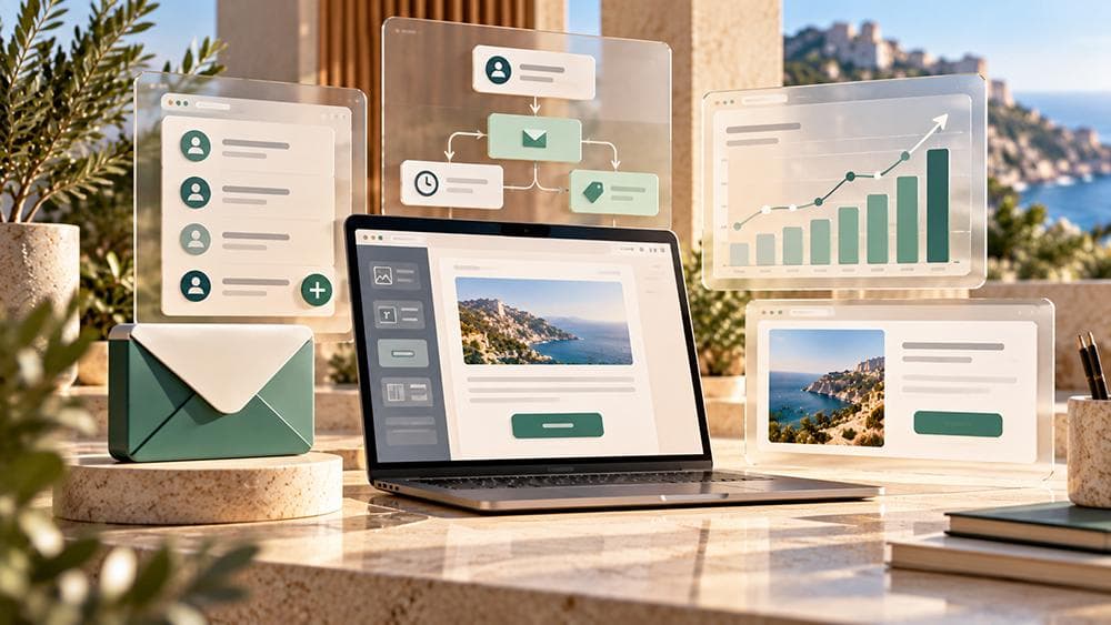 Ilustración editorial de email marketing con newsletter en portátil, fichas de contactos, flujo de automatización y paneles de resultados en tonos verdes y crema