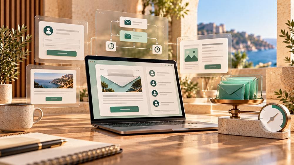 Estudio editorial de una newsletter con portátil, automatizaciones, contactos y sobres verdes junto a una balanza que representa los límites del plan gratuito