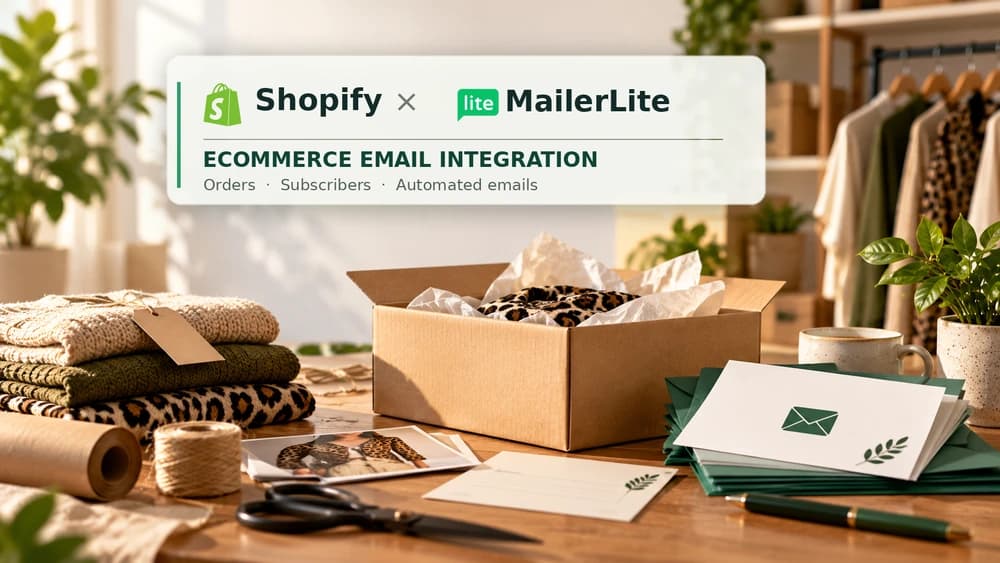 Shopify and MailerLite integration illustrated with boutique parcels, products and newsletter envelopes for consent-based email marketing.