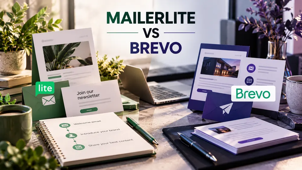 MailerLite vs Brevo email marketing comparison with newsletters, welcome-email workflows and multichannel campaign illustrations