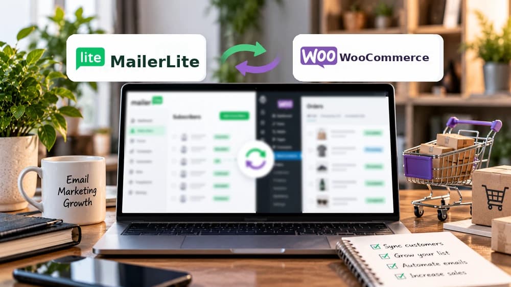 MailerLite WooCommerce integration illustrated with synced subscribers, ecommerce orders and automated email workflows.