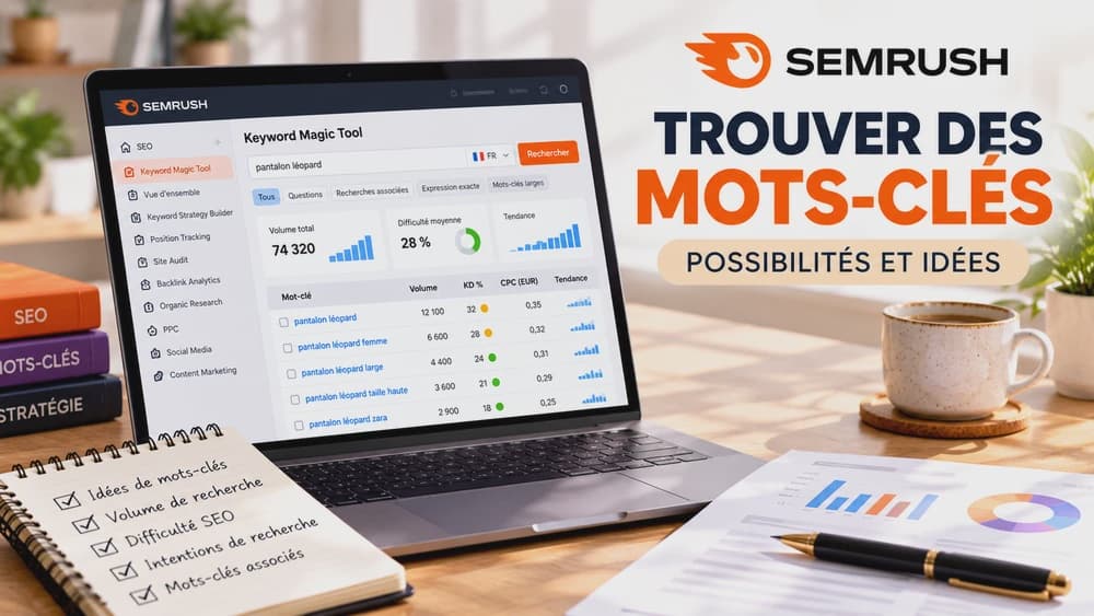 Illustration de recherche de mots-clés avec Semrush et carnet de notes SEO, représentant une interface de démonstration Keyword Magic Tool