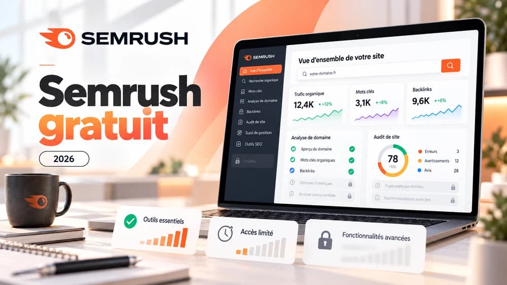 Interface Semrush illustrée avec un accès gratuit et des rapports SEO limités