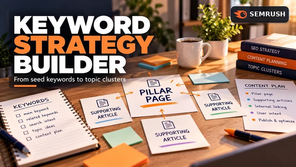Semrush Keyword Strategy Builder topic cluster plan with seed keywords, a pillar page and supporting articles on an editorial desk