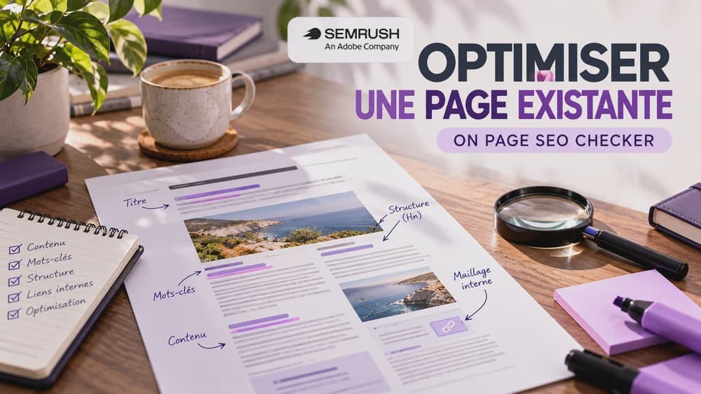 Couverture Semrush On Page SEO Checker : page web annotée avec suggestions de titres, mots-clés, contenu et liens internes