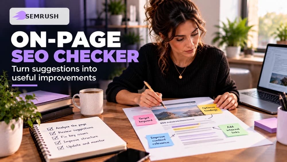 Semrush On Page SEO Checker guide showing a marketer reviewing an existing page with notes on keywords, headings and internal links