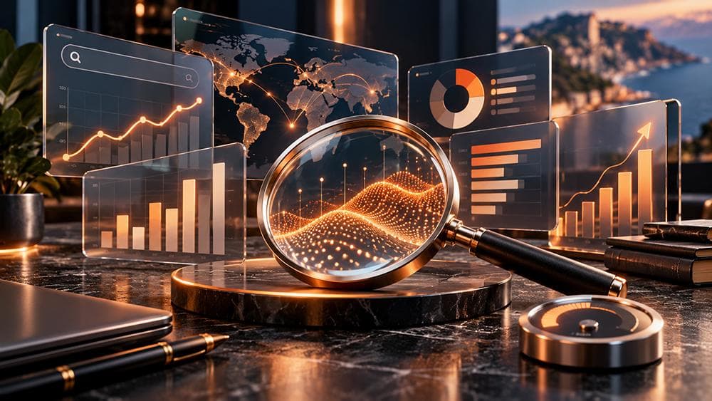 Ilustración editorial premium de análisis SEO con lupa, gráficos, mapas de datos y paneles de rendimiento en tonos oscuros y cobre