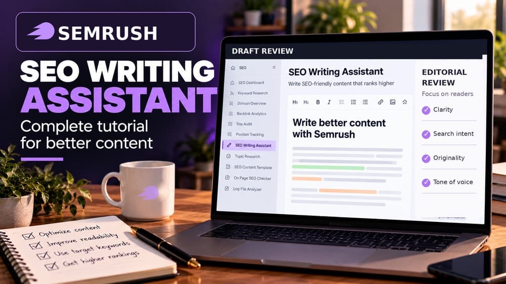 Illustrative Semrush SEO Writing Assistant workspace showing a draft-review checklist for clarity, search intent, originality and tone.