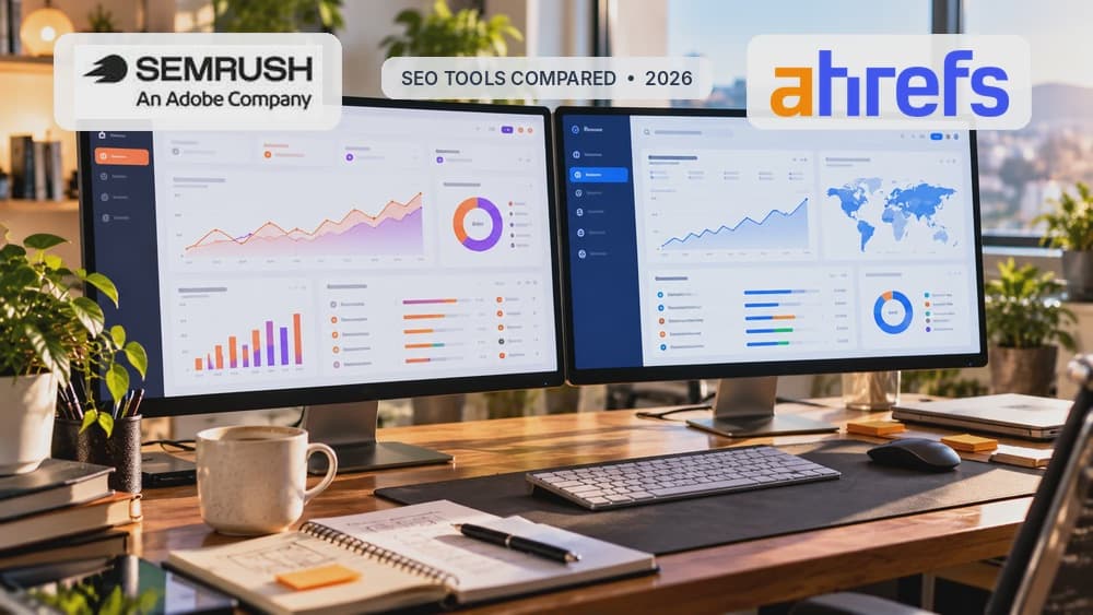 Semrush vs Ahrefs comparison in a realistic SEO workspace with official logos and illustrative analytics dashboards