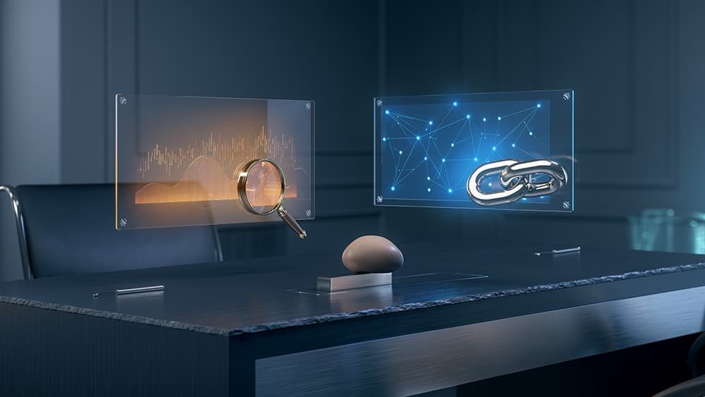 Deux panneaux analytiques en verre, l’un ambré consacré aux recherches et l’autre bleu aux réseaux de liens SEO