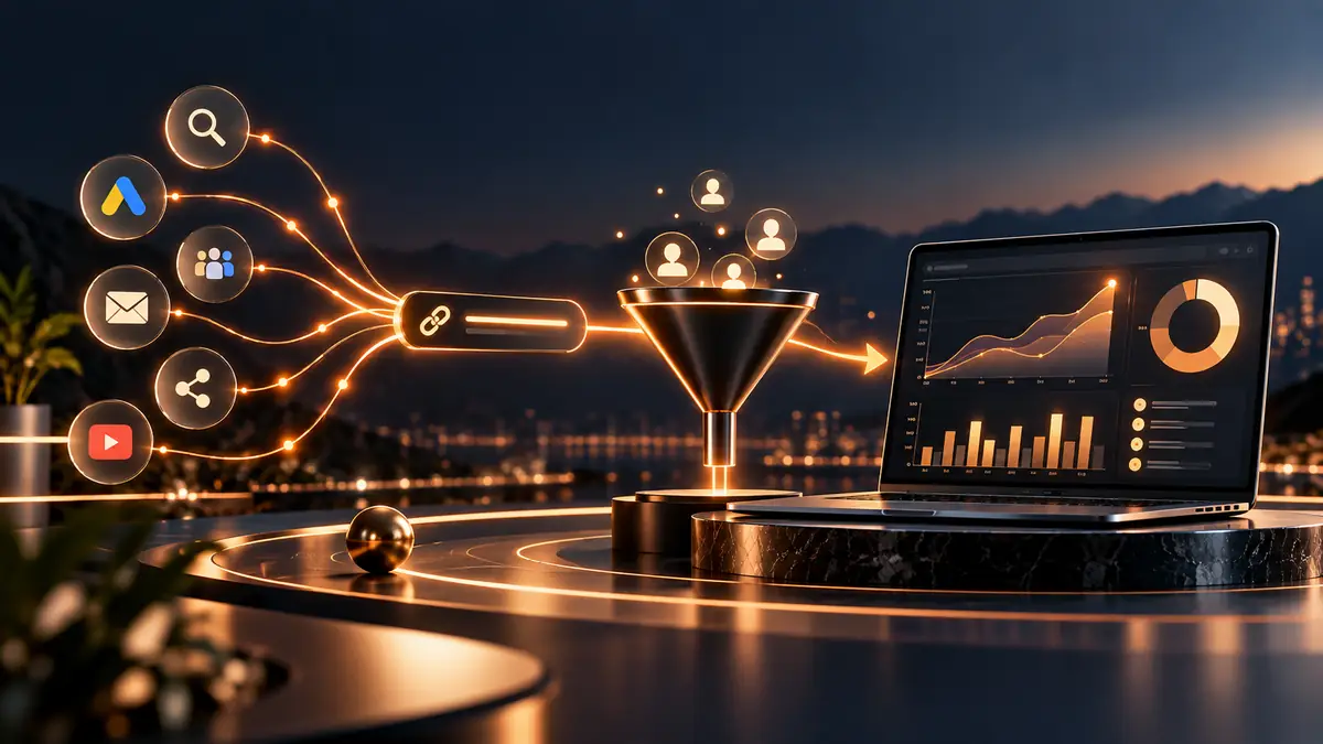 Plusieurs sources de trafic convergeant vers une URL suivie par des paramètres UTM et un tableau analytique