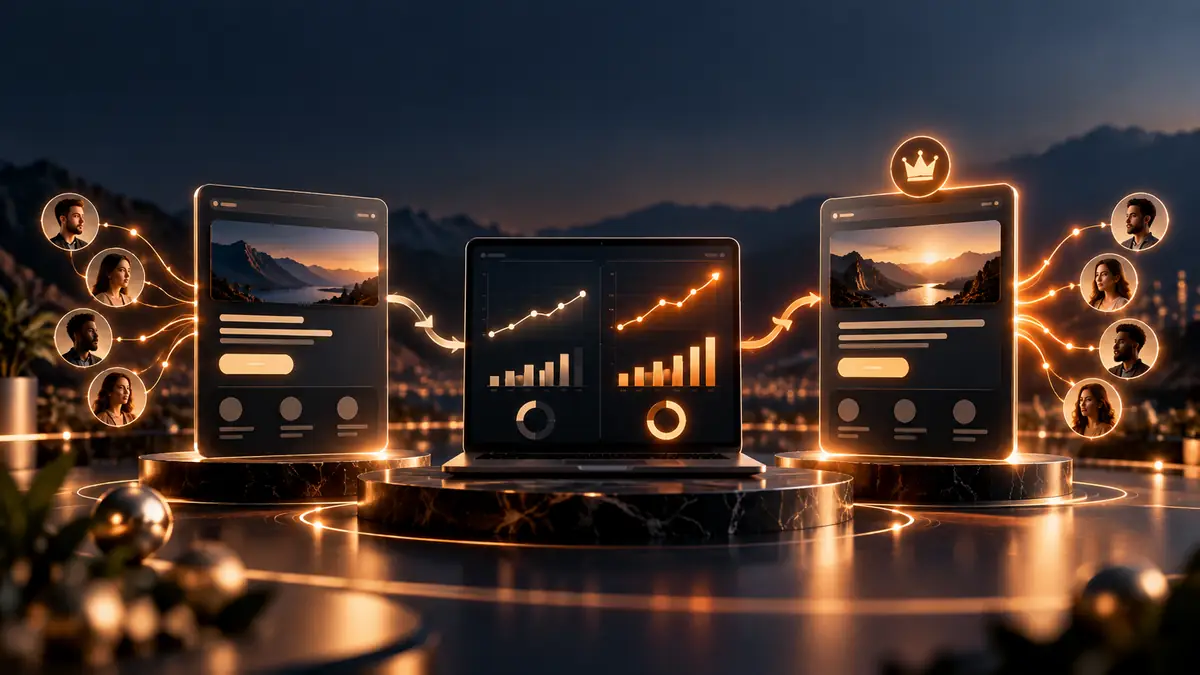 Deux variantes A et B d’une page marketing comparées avec un graphique de conversion