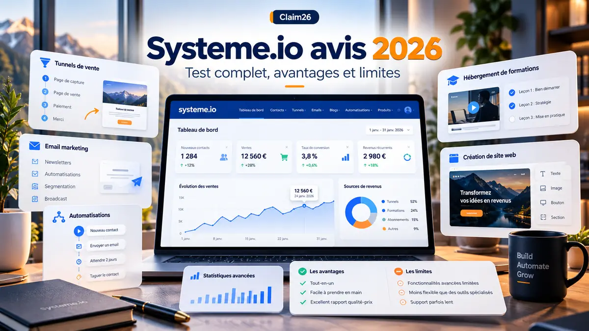 Tableau de bord illustrant les principales fonctionnalités d’une plateforme tout-en-un pour entreprendre en ligne
