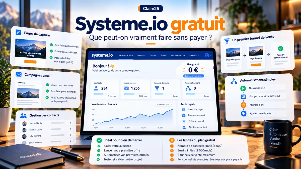 Illustration d’un plan gratuit comprenant pages, e-mails, tunnels de vente et automatisations