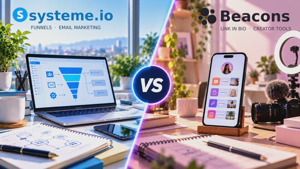Systeme.io vs Beacons comparison: sales funnel and email marketing workflow beside a mobile creator link-in-bio storefront