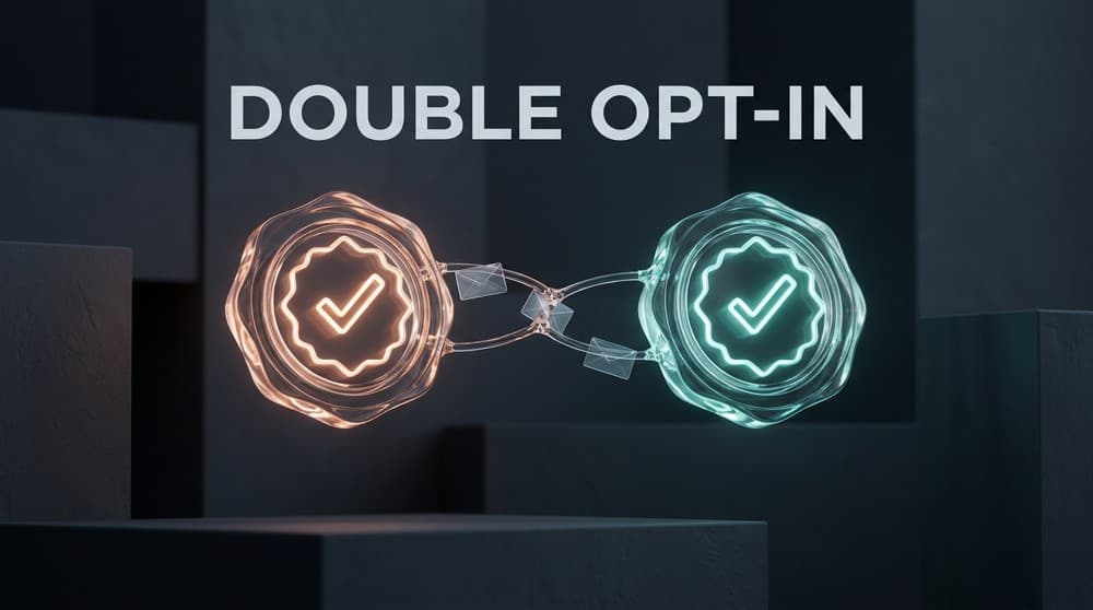 Two linked glowing approval seals symbolizing double opt-in confirmation