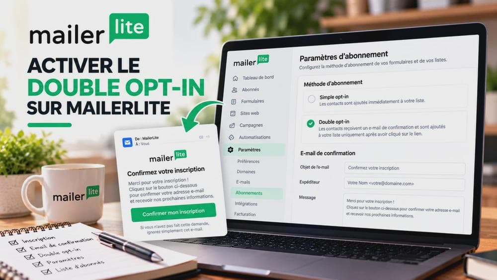 Illustration éditoriale du double opt-in MailerLite : formulaire d’inscription, activation de la confirmation et e-mail invitant l’abonné à confirmer son adresse, sans capture réelle du logiciel