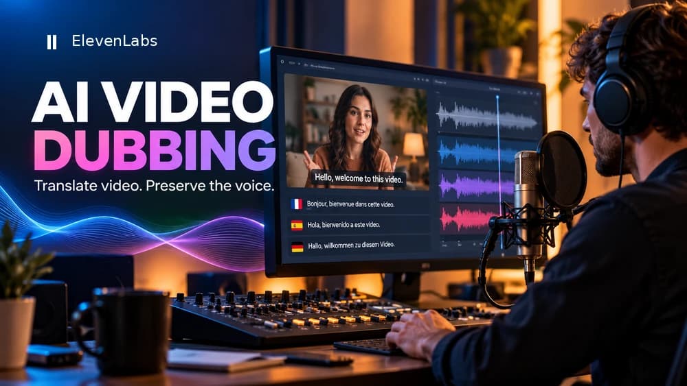 AI video dubbing studio with microphone, multilingual translation tracks, subtitled video and ElevenLabs branding