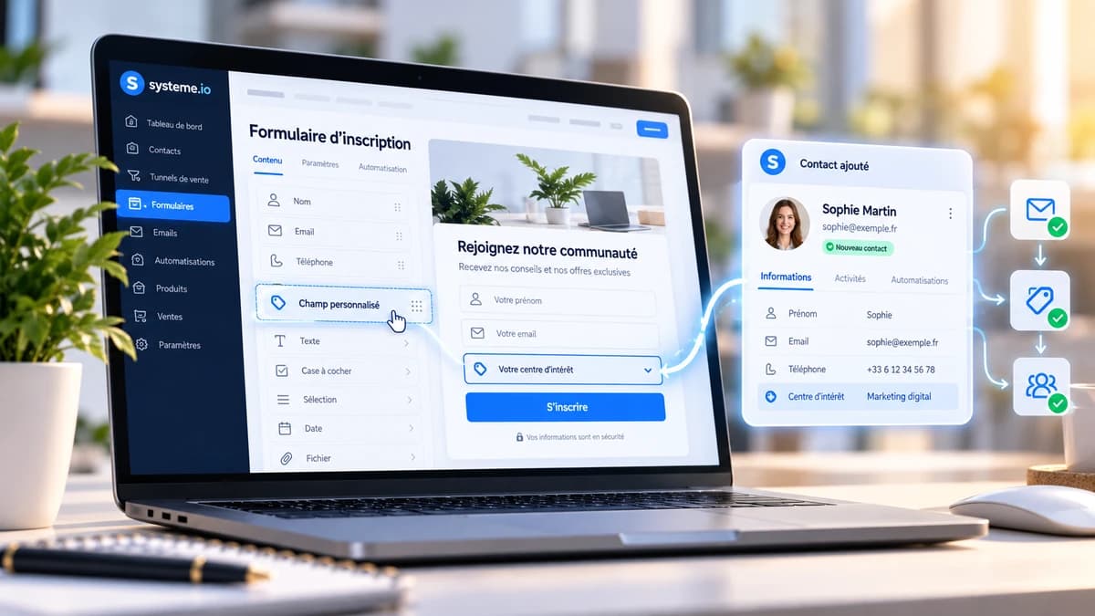 Fiche contact enrichie avec plusieurs champs personnalisés reliés à un formulaire