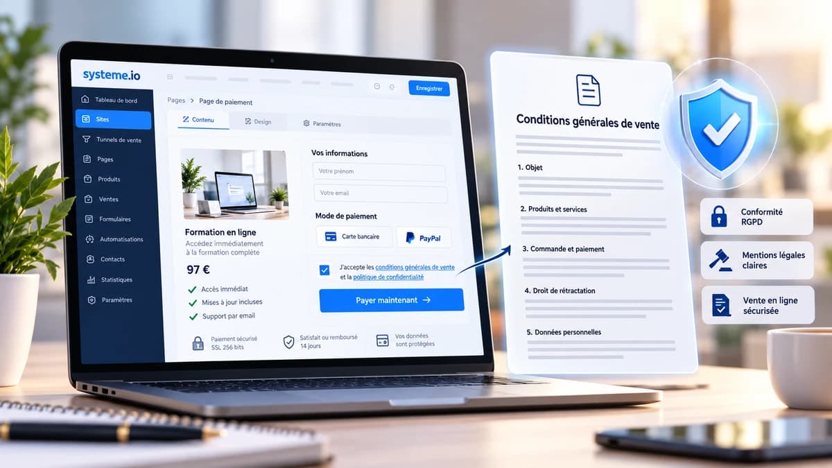 Document de conditions générales relié à une page de paiement sécurisée