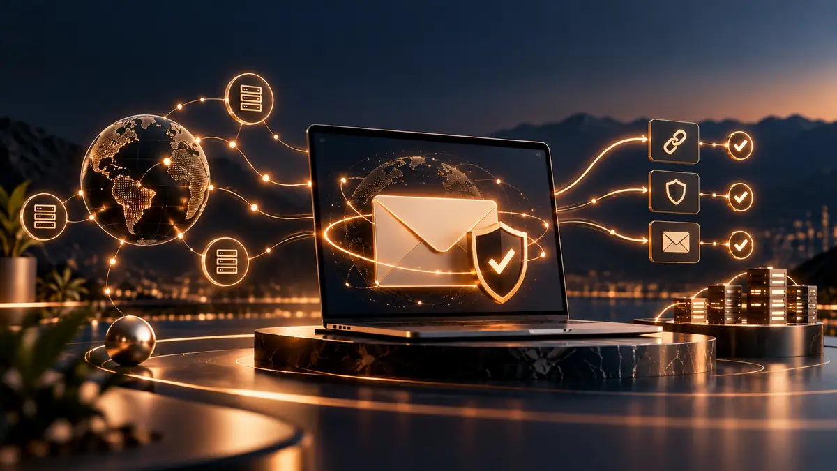Bouclier de sécurité protégeant un domaine e-mail avec enregistrements DNS CNAME et DMARC