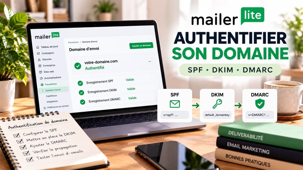 Illustration de la configuration d’un domaine d’envoi MailerLite, avec les vérifications SPF, DKIM et DMARC présentées sur un écran de démonstration