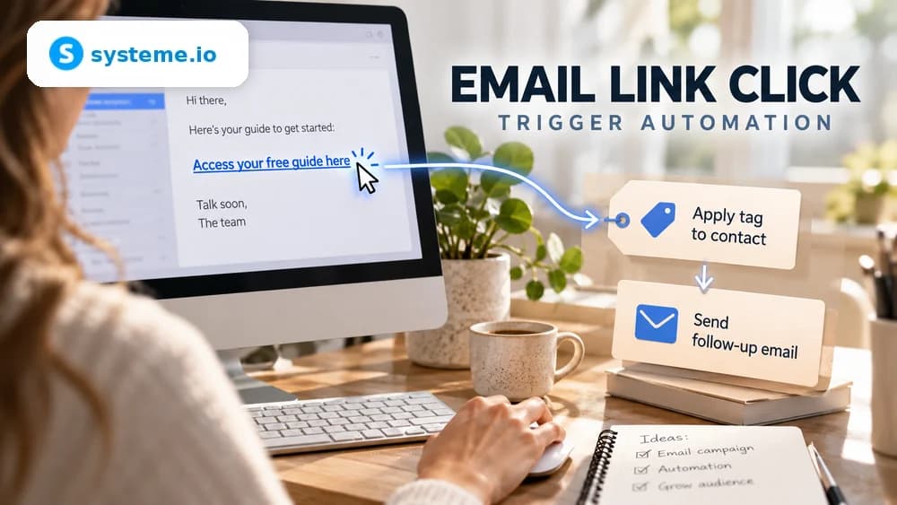 Email link click triggering a Systeme.io contact tag and automated follow-up email