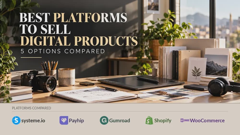 Comparison of Systeme.io, Payhip, Gumroad, Shopify and WooCommerce for selling digital products
