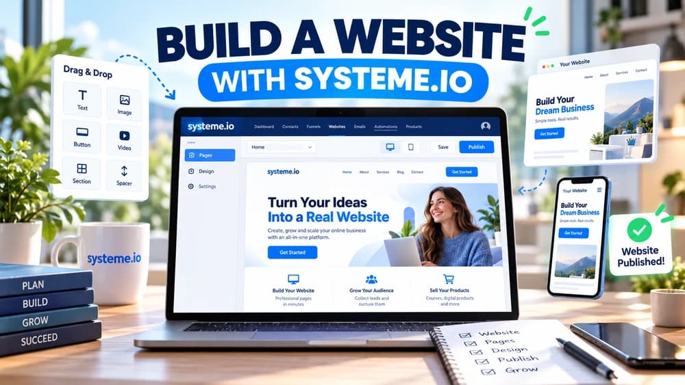 Multi-page Systeme.io website builder showing navigation, page structure and mobile preview