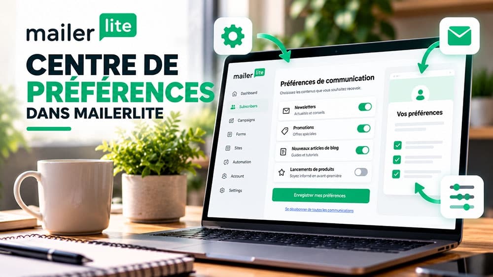 Illustration éditoriale du centre de préférences MailerLite : choix des newsletters, promotions et actualités, avec un formulaire représenté de manière illustrative