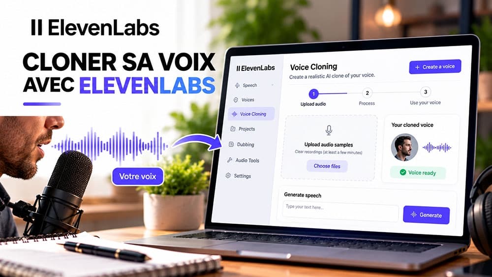 Illustration du clonage de sa propre voix avec ElevenLabs : enregistrement au microphone, onde sonore et interface illustrative du clonage, non issue d’une capture réelle