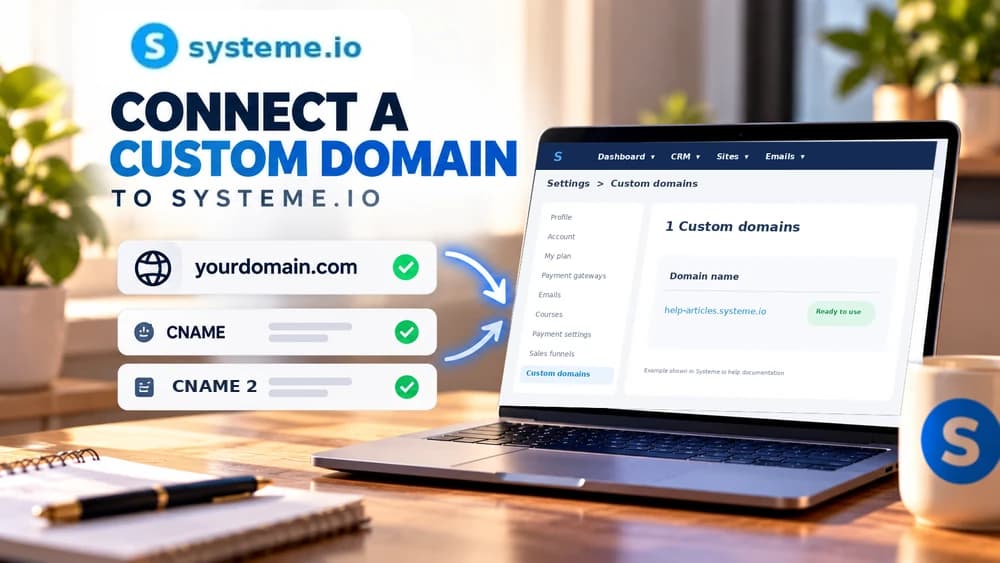 Illustrated Systeme.io domain connection with two CNAME records and verified custom domain settings
