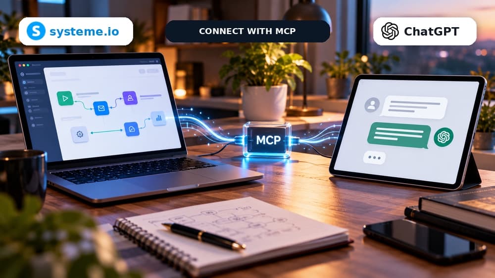 Editorial scene showing Systeme.io marketing automation connected to ChatGPT through an MCP server, with both product identities visible