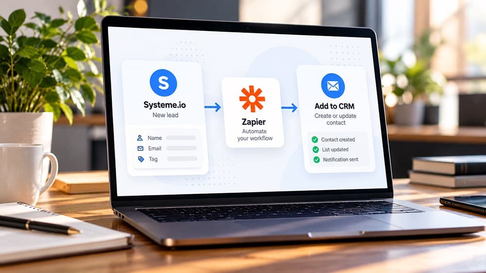 Illustrative Systeme.io and Zapier integration workflow connecting a new lead with an updated CRM contact